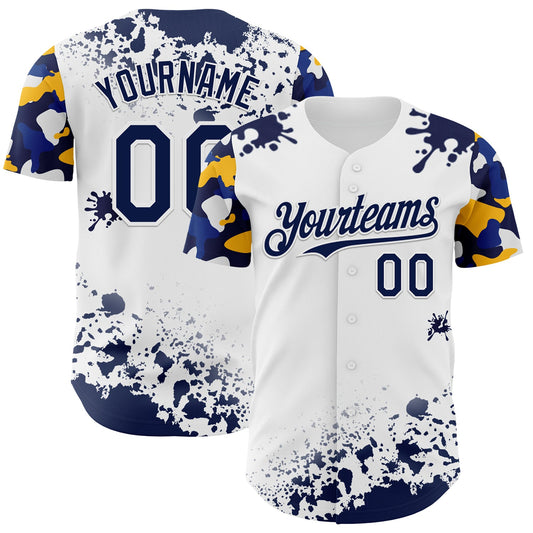 Custom White Navy-Yellow Splatter Camo Two Tone Authentic Baseball Jersey - Main View