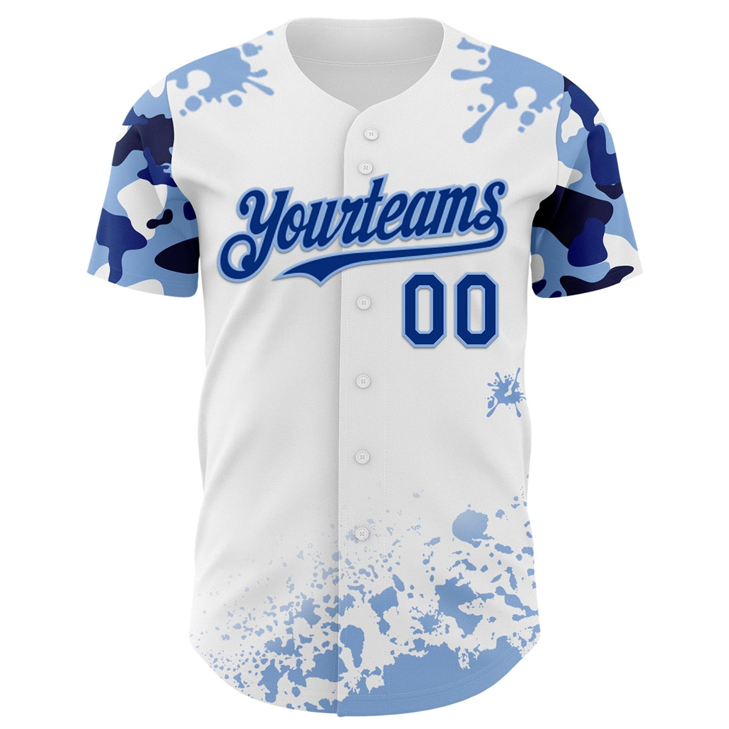Custom White Royal-Light Blue Splatter Camo Two Tone Authentic Baseball Jersey view 2