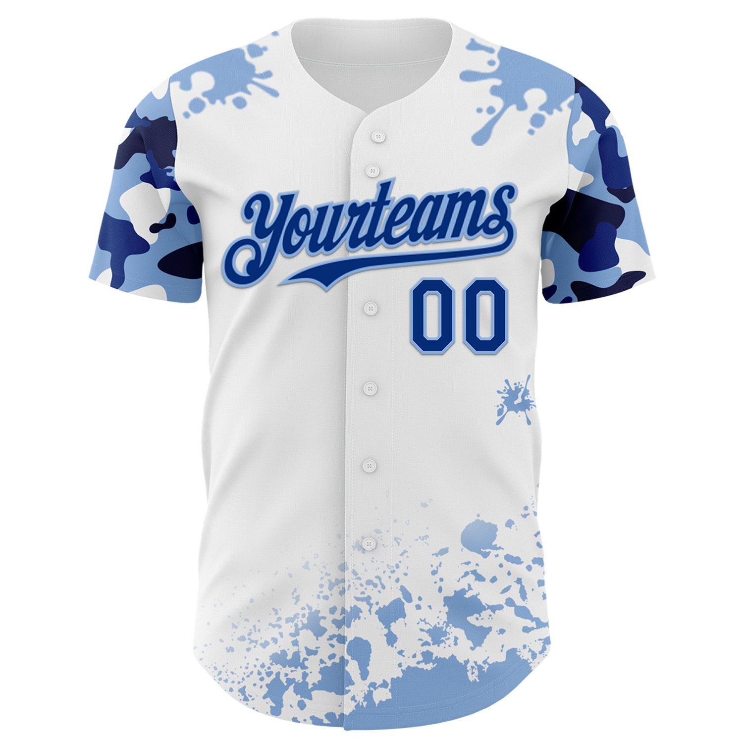 Custom White Royal-Light Blue Splatter Camo Two Tone Authentic Baseball Jersey view 2