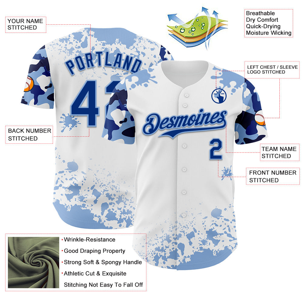 Custom White Royal-Light Blue Splatter Camo Two Tone Authentic Baseball Jersey view 3