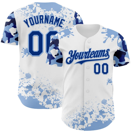 Custom White Royal-Light Blue Splatter Camo Two Tone Authentic Baseball Jersey - Main View