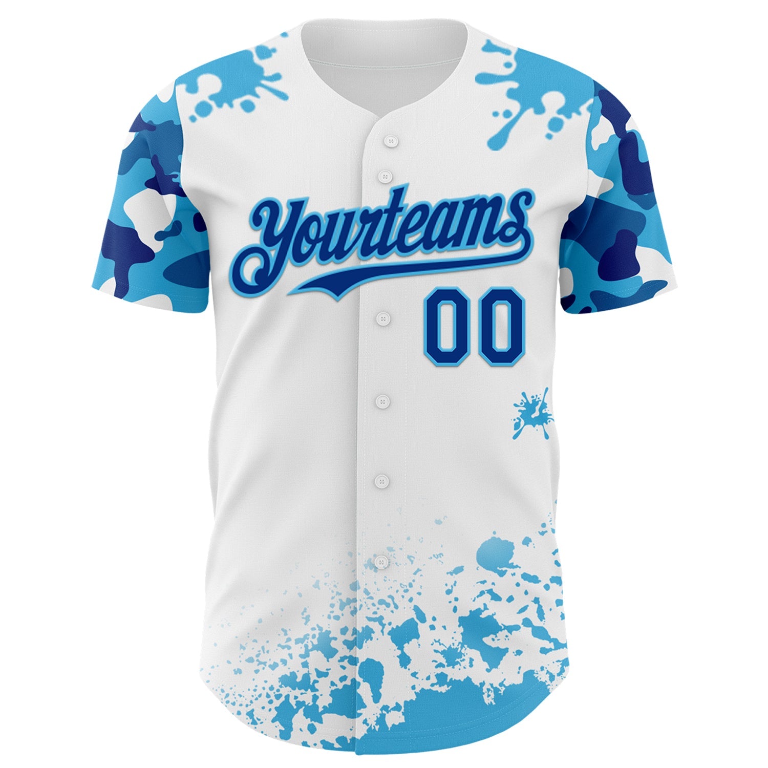 Custom White Royal-Sky Blue Splatter Camo Two Tone Authentic Baseball Jersey view 2