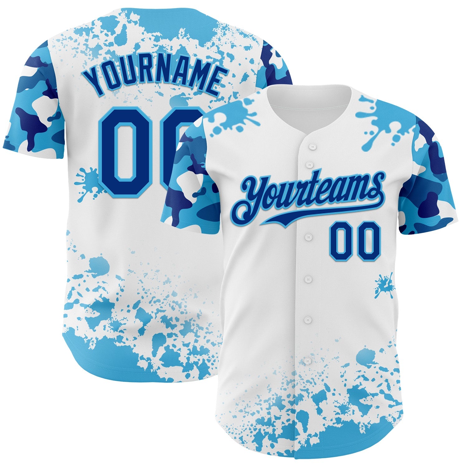 Custom White Royal-Sky Blue Splatter Camo Two Tone Authentic Baseball Jersey - Main View