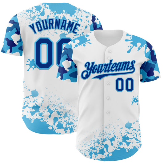 Custom White Royal-Sky Blue Splatter Camo Two Tone Authentic Baseball Jersey - Main View