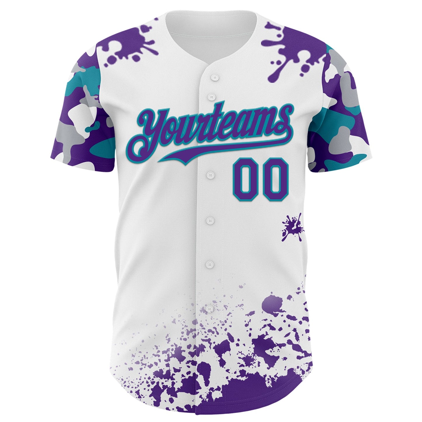 Custom White Purple Teal-Gray Splatter Camo Two Tone Authentic Baseball Jersey view 2
