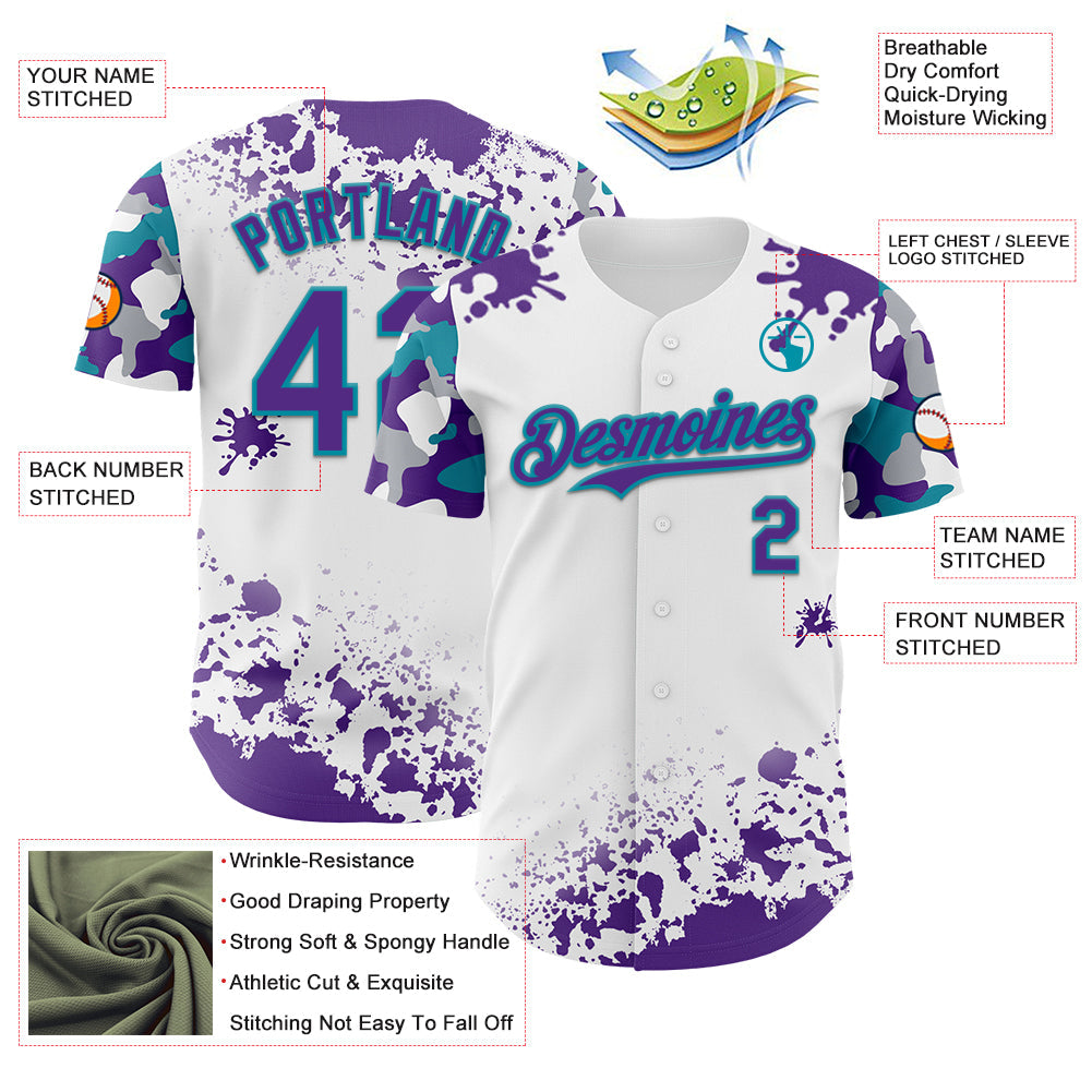Custom White Purple Teal-Gray Splatter Camo Two Tone Authentic Baseball Jersey view 3