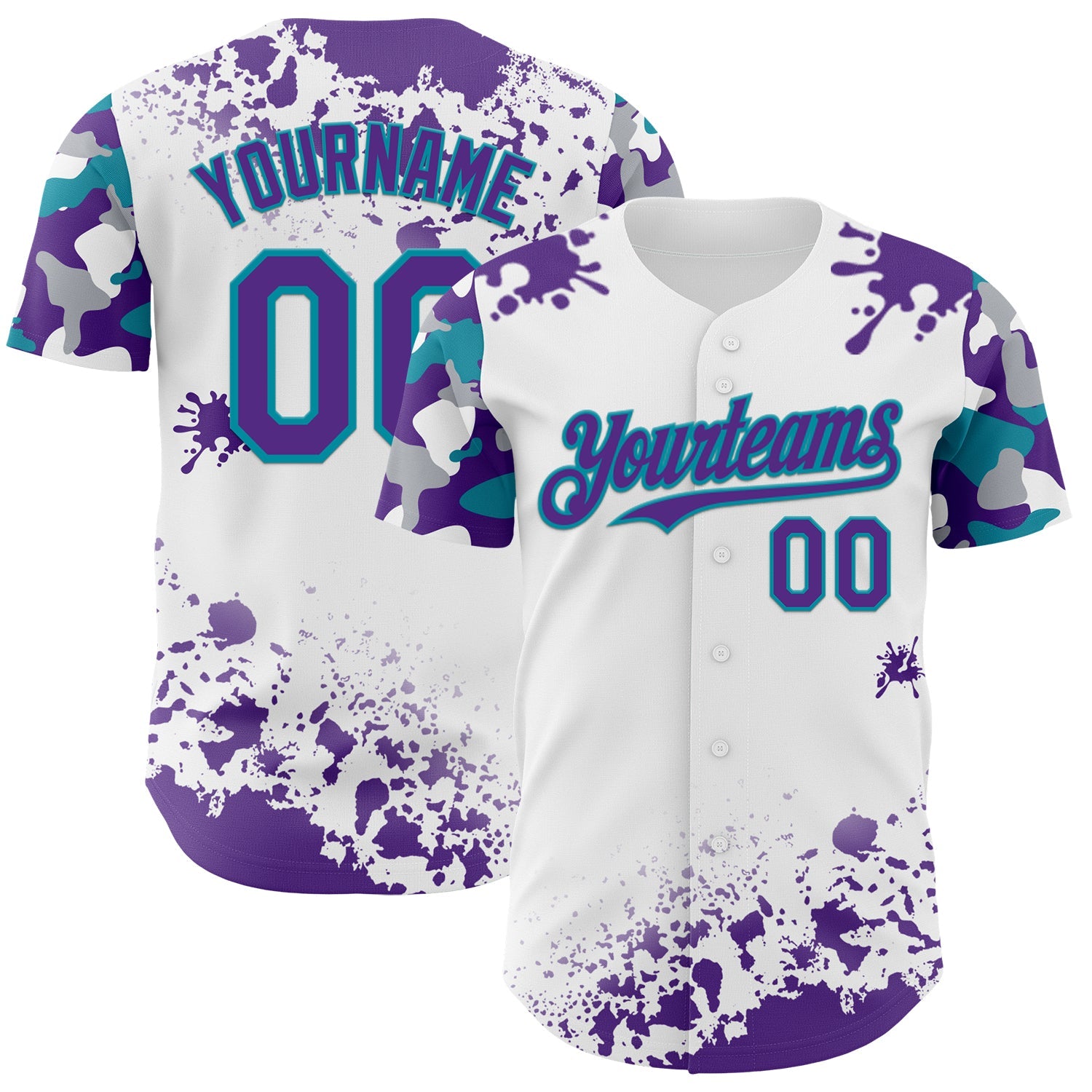 Custom White Purple Teal-Gray Splatter Camo Two Tone Authentic Baseball Jersey - Main View