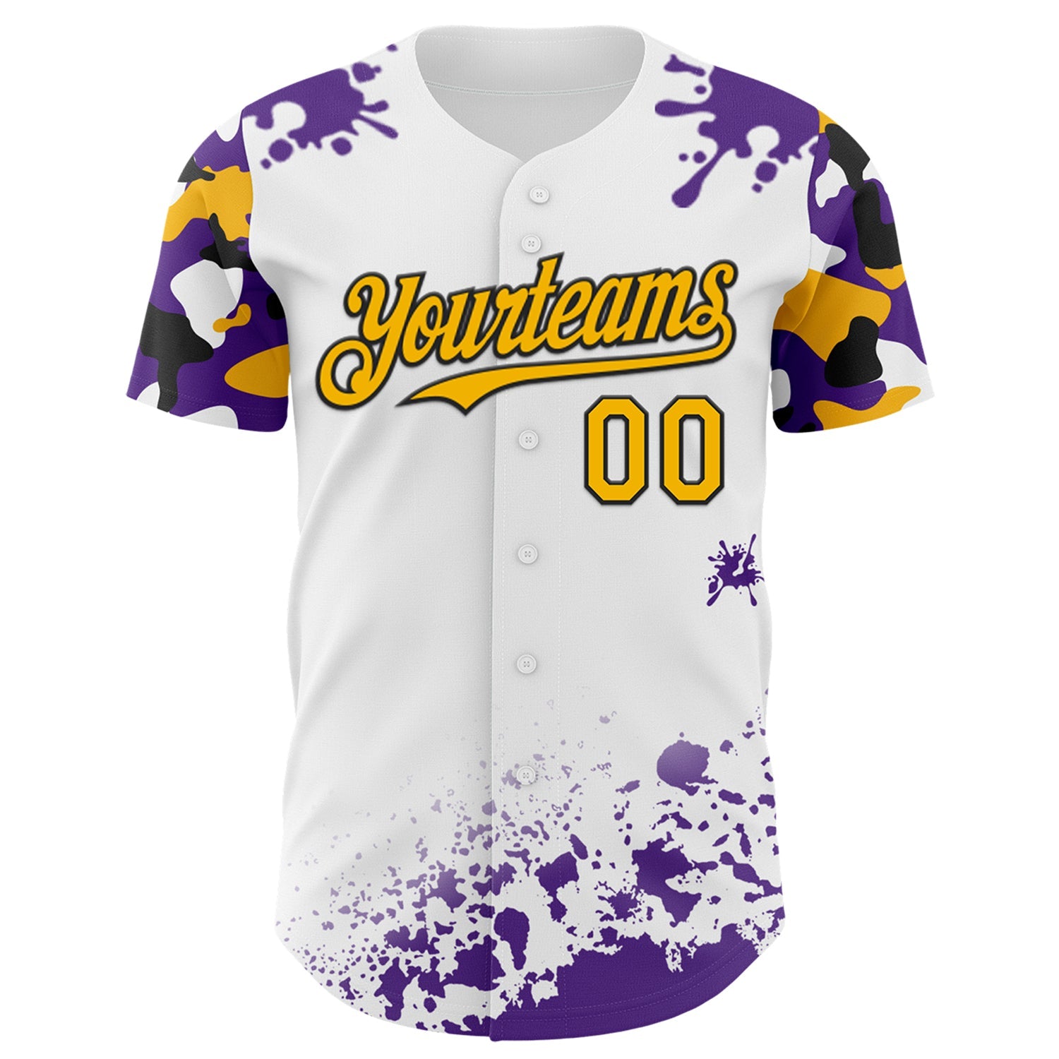 Custom White Gold Black-Purple Splatter Camo Two Tone Authentic Baseball Jersey view 2