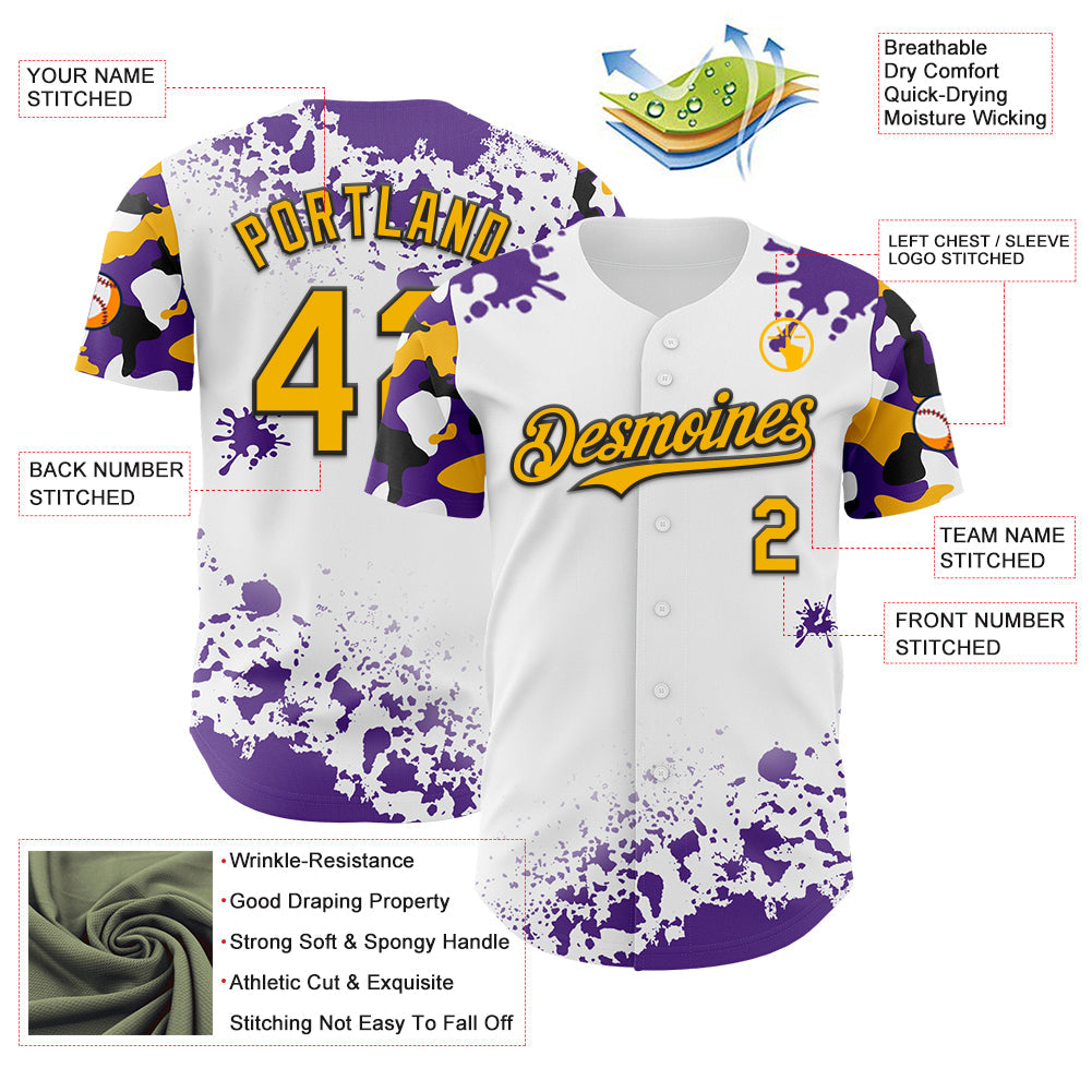 Custom White Gold Black-Purple Splatter Camo Two Tone Authentic Baseball Jersey view 3