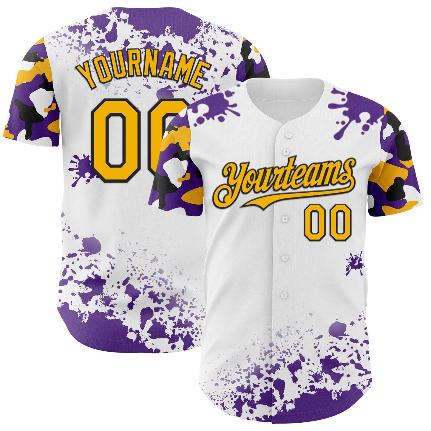 Custom White Gold Black-Purple Splatter Camo Two Tone Authentic Baseball Jersey - Main View