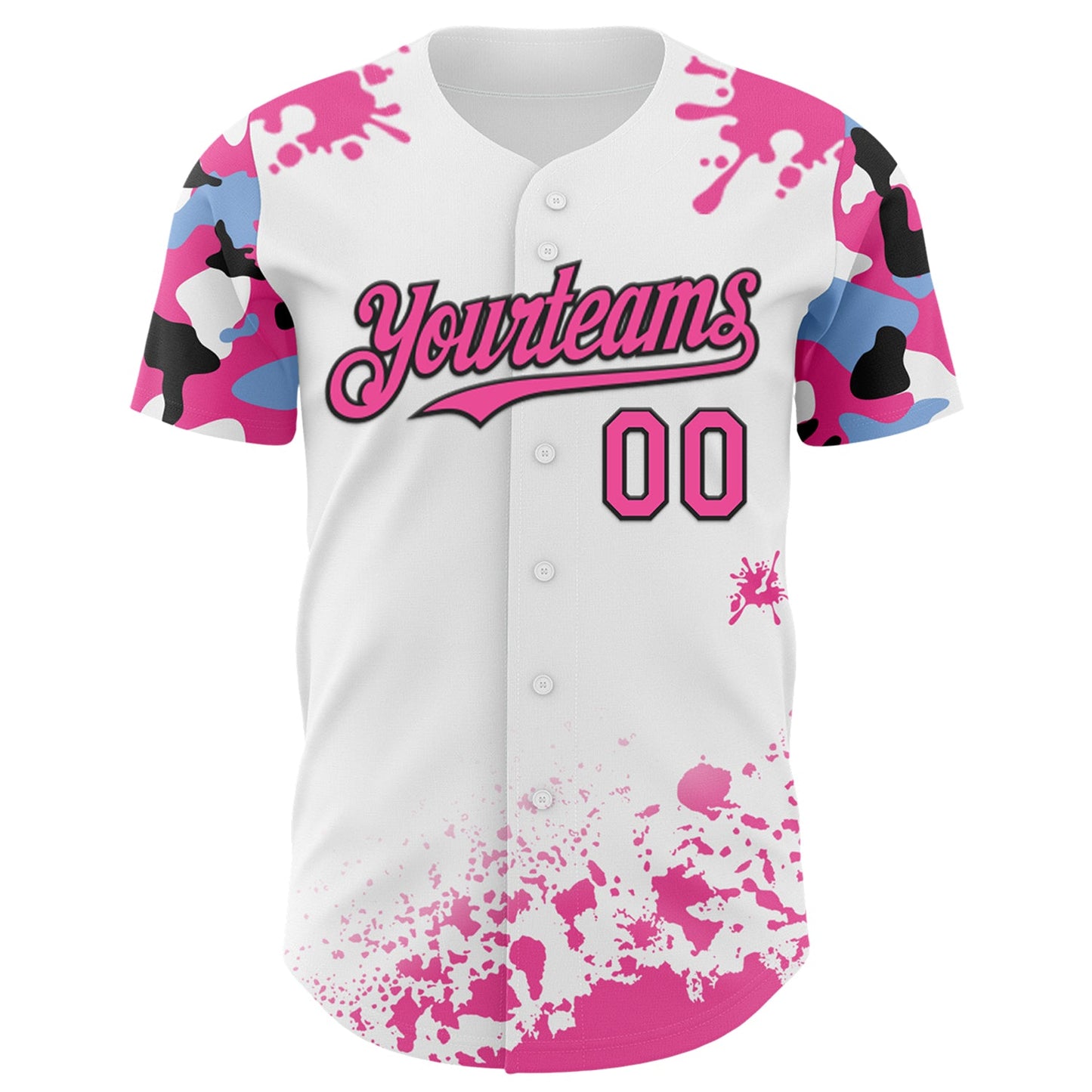 Custom White Pink Black-Blue Splatter Camo Two Tone Authentic Baseball Jersey view 2