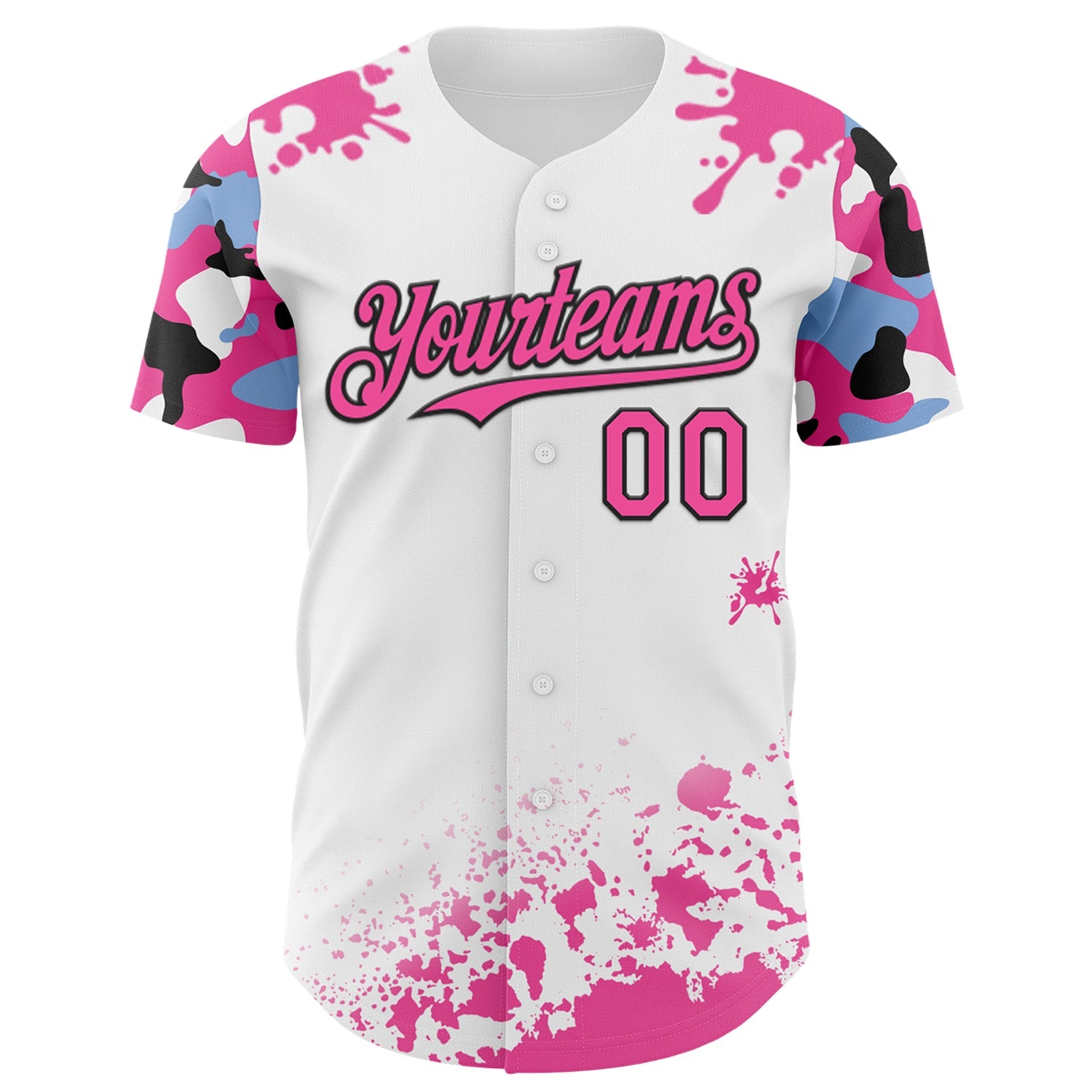 Custom White Pink Black-Blue Splatter Camo Two Tone Authentic Baseball Jersey view 2