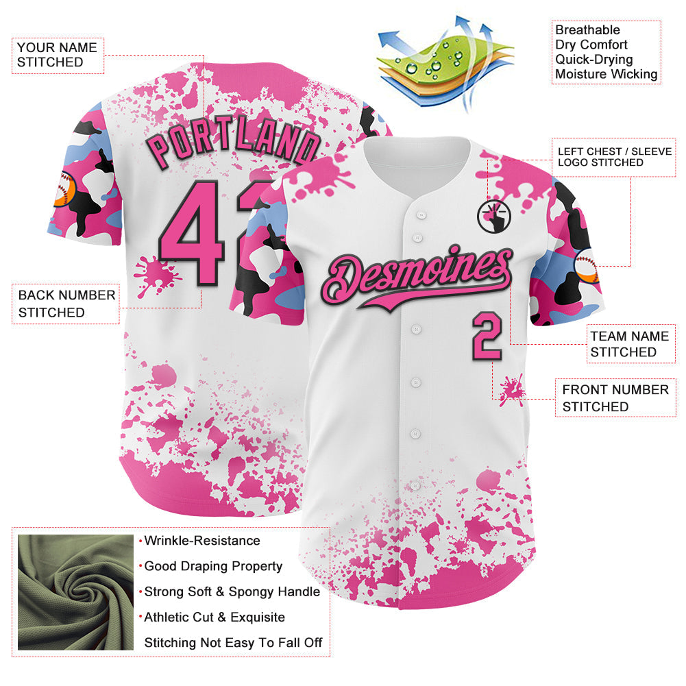 Custom White Pink Black-Blue Splatter Camo Two Tone Authentic Baseball Jersey view 3