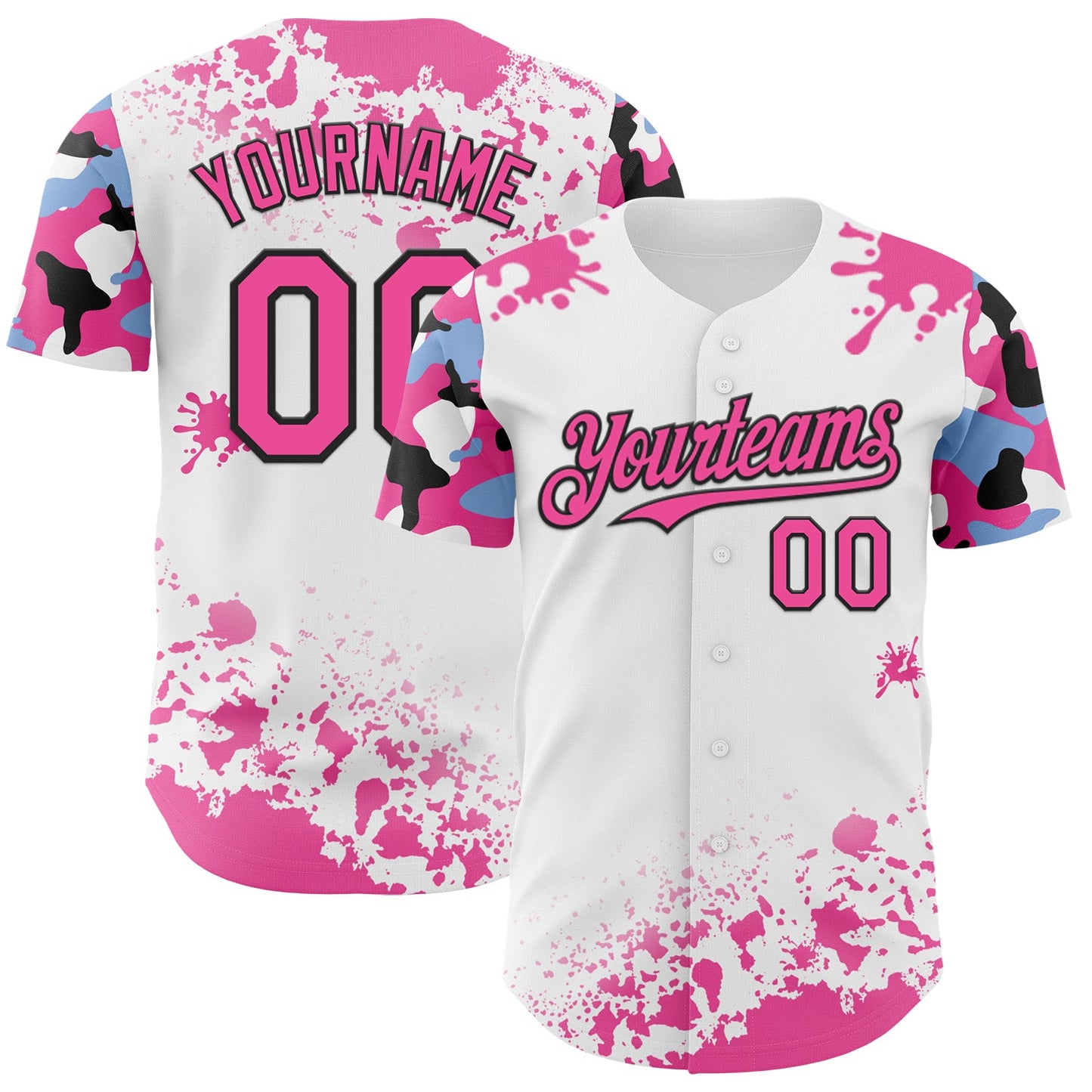 Custom White Pink Black-Blue Splatter Camo Two Tone Authentic Baseball Jersey - Main View