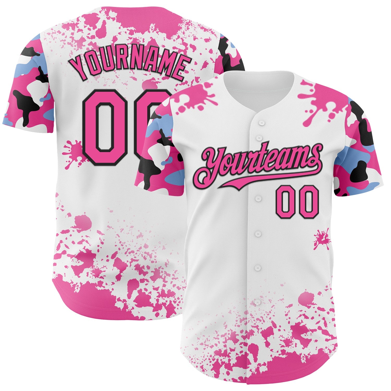 Custom White Pink Black-Blue Splatter Camo Two Tone Authentic Baseball Jersey - Main View
