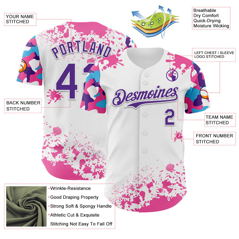 Custom White Purple Pink-Blue Splatter Camo Two Tone Authentic Baseball Jersey view 3