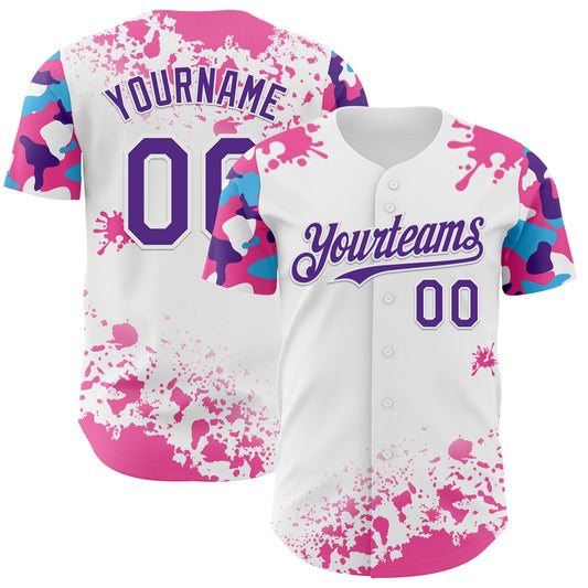 Custom White Purple Pink-Blue Splatter Camo Two Tone Authentic Baseball Jersey - Main View