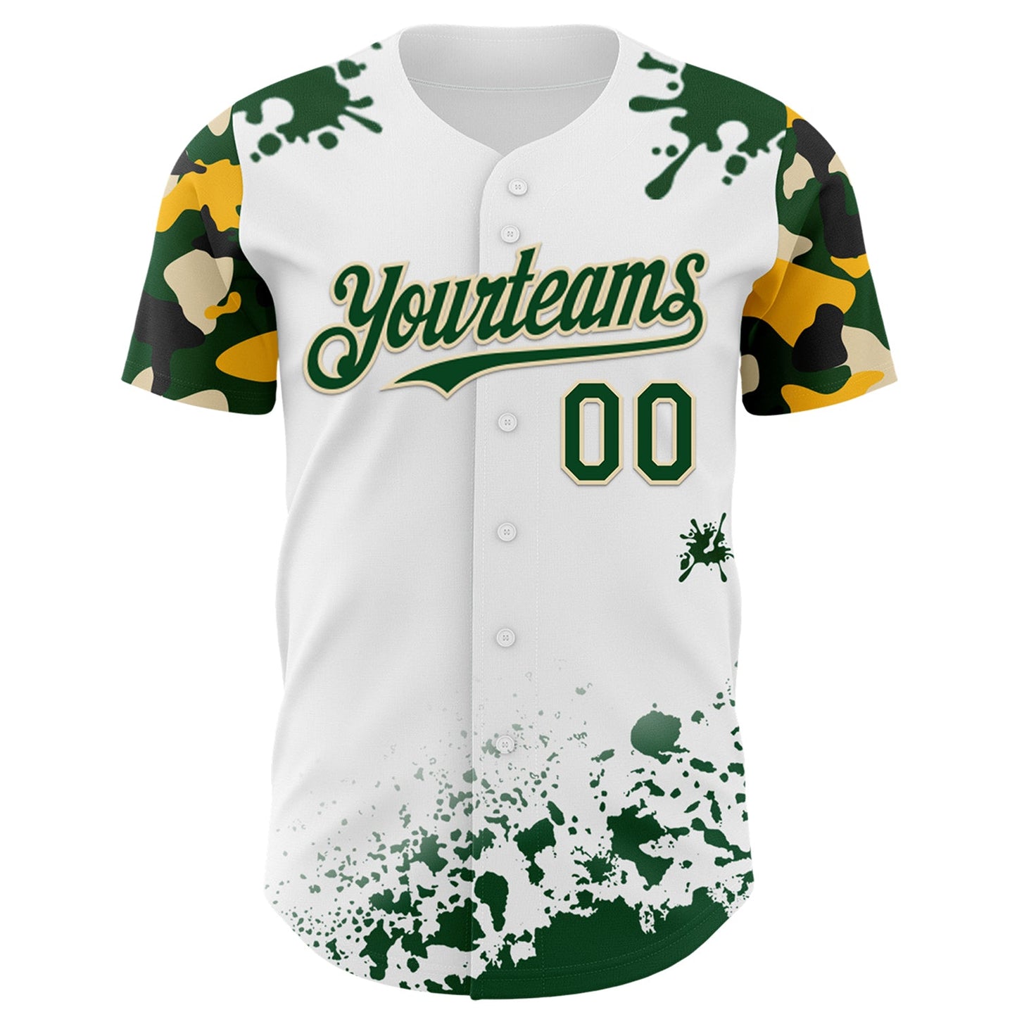 Custom White Green Cream-Yellow Splatter Camo Two Tone Authentic Baseball Jersey view 2