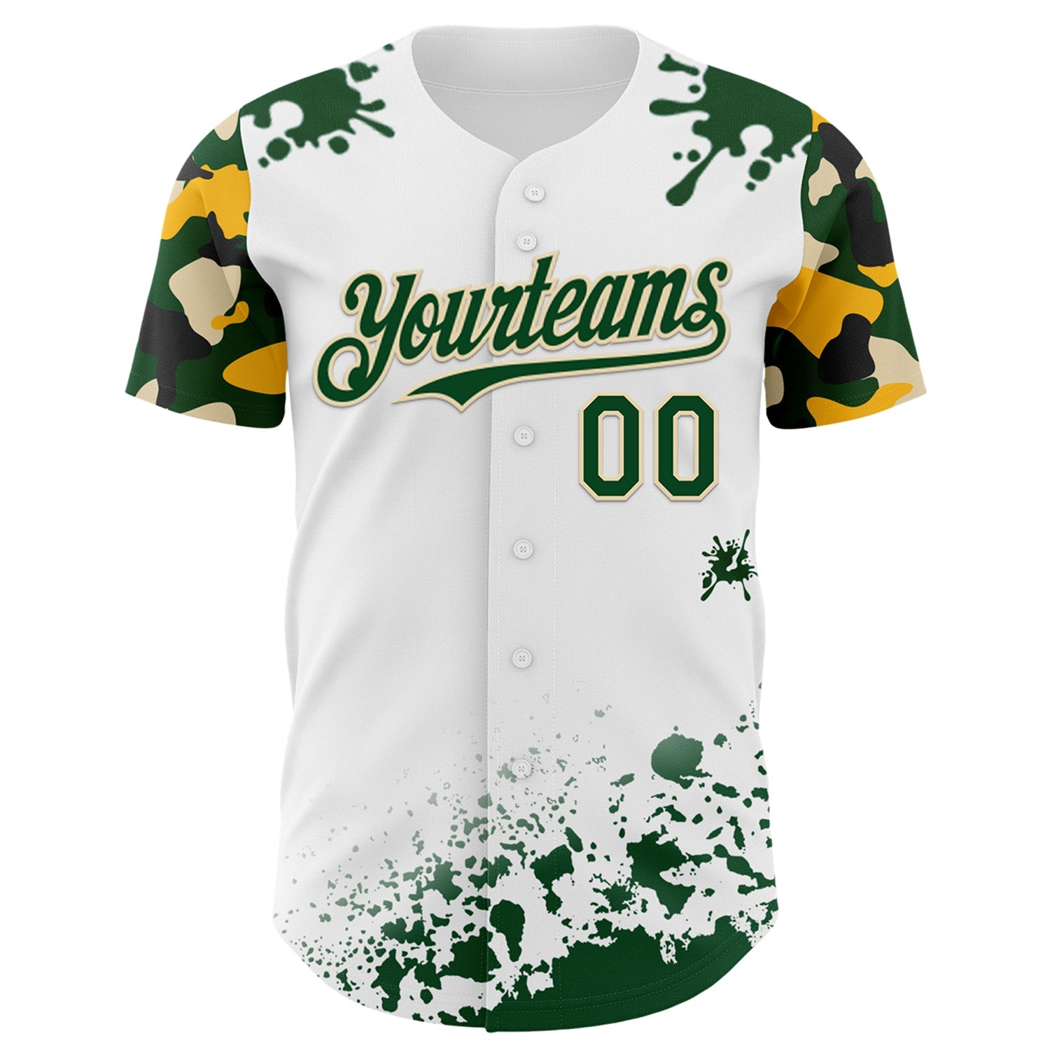 Custom White Green Cream-Yellow Splatter Camo Two Tone Authentic Baseball Jersey view 2