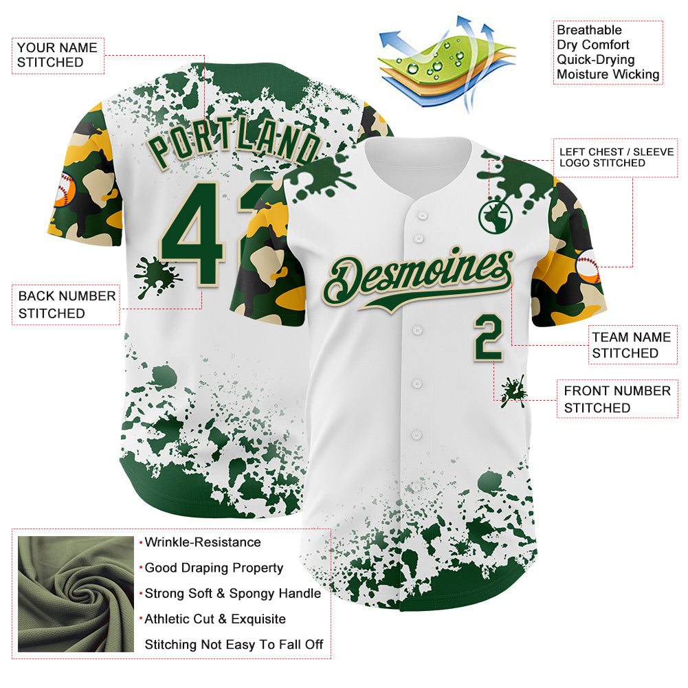 Custom White Green Cream-Yellow Splatter Camo Two Tone Authentic Baseball Jersey view 3