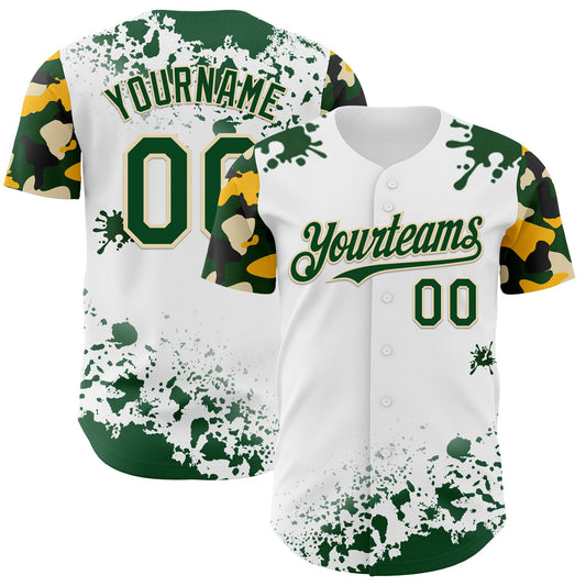 Custom White Green Cream-Yellow Splatter Camo Two Tone Authentic Baseball Jersey - Main View