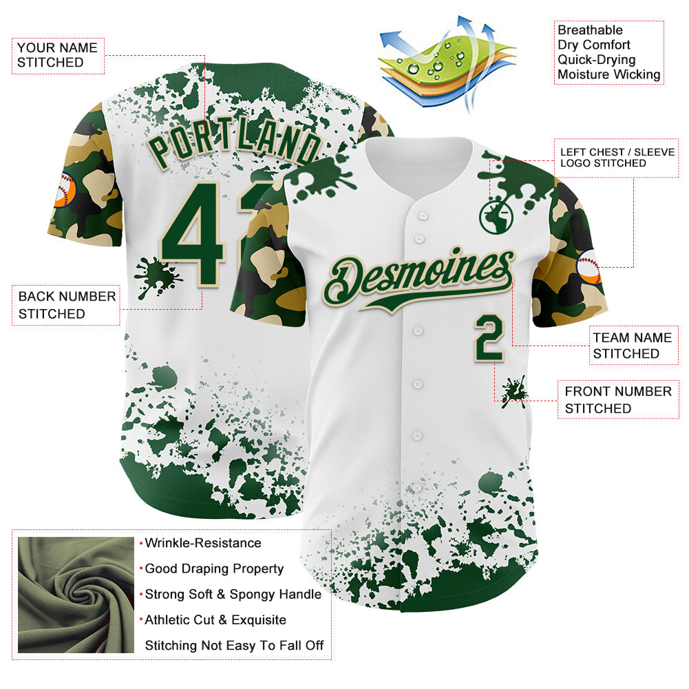 Custom White Green-Cream Splatter Camo Two Tone Authentic Baseball Jersey view 3