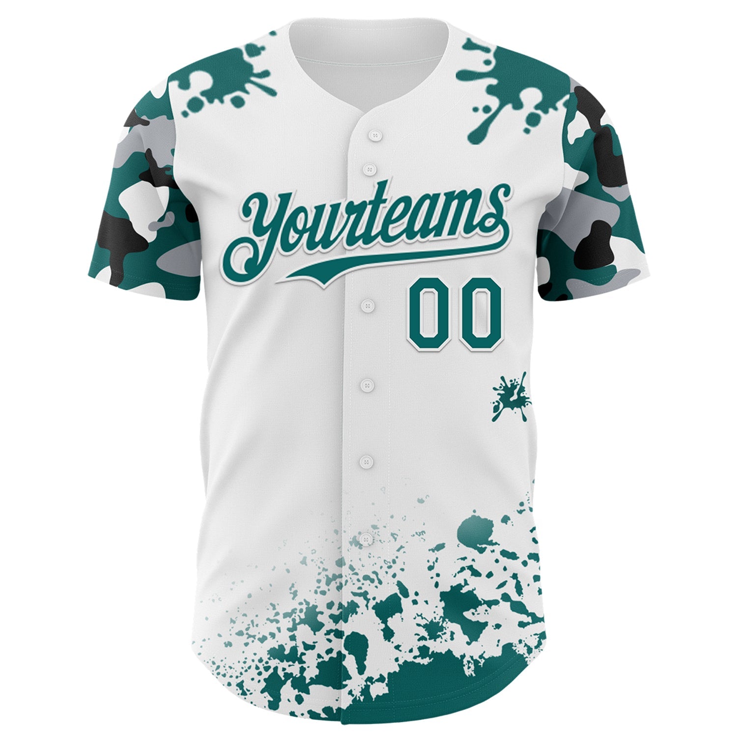 Custom White Teal Black-Gray Splatter Camo Two Tone Authentic Baseball Jersey view 2