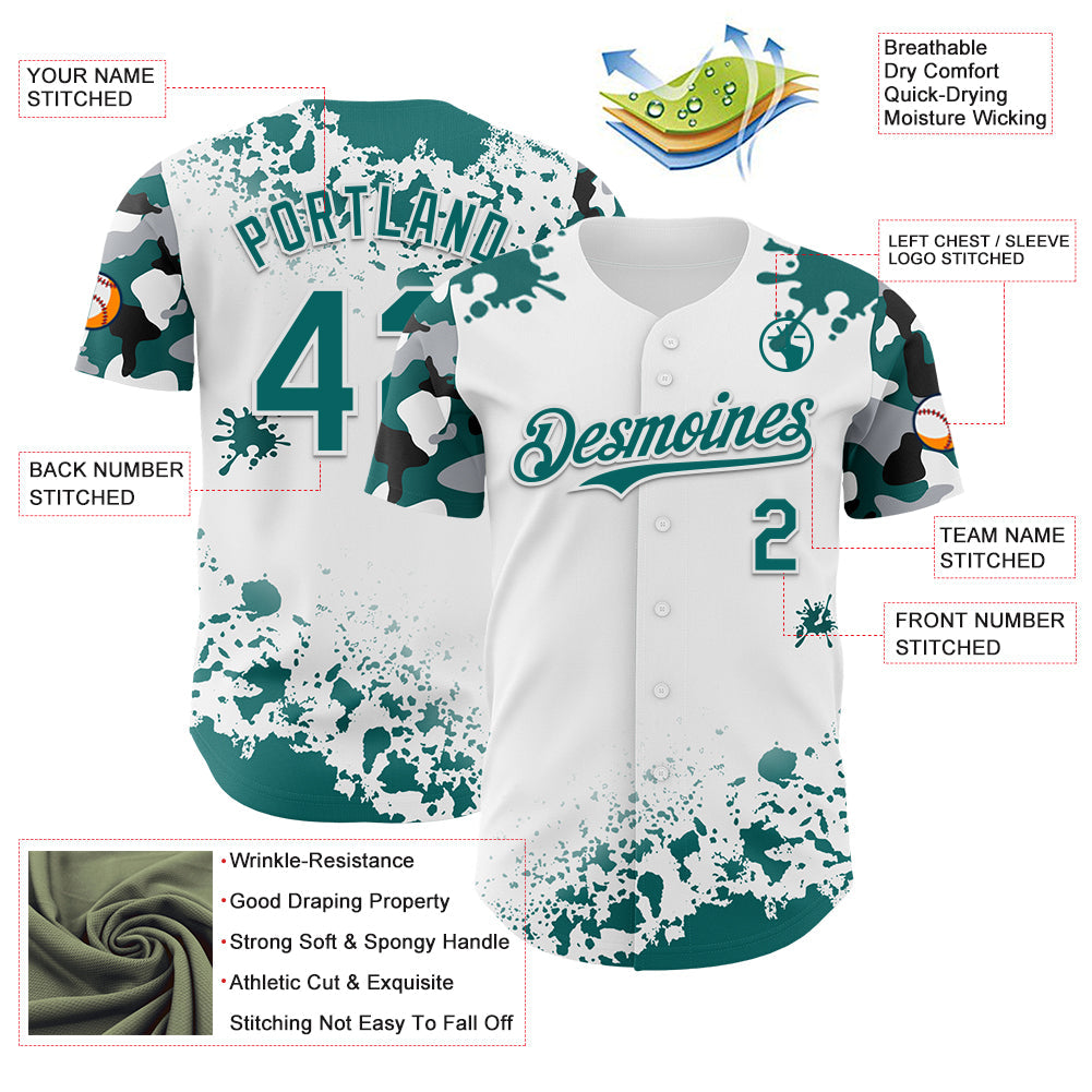 Custom White Teal Black-Gray Splatter Camo Two Tone Authentic Baseball Jersey view 3