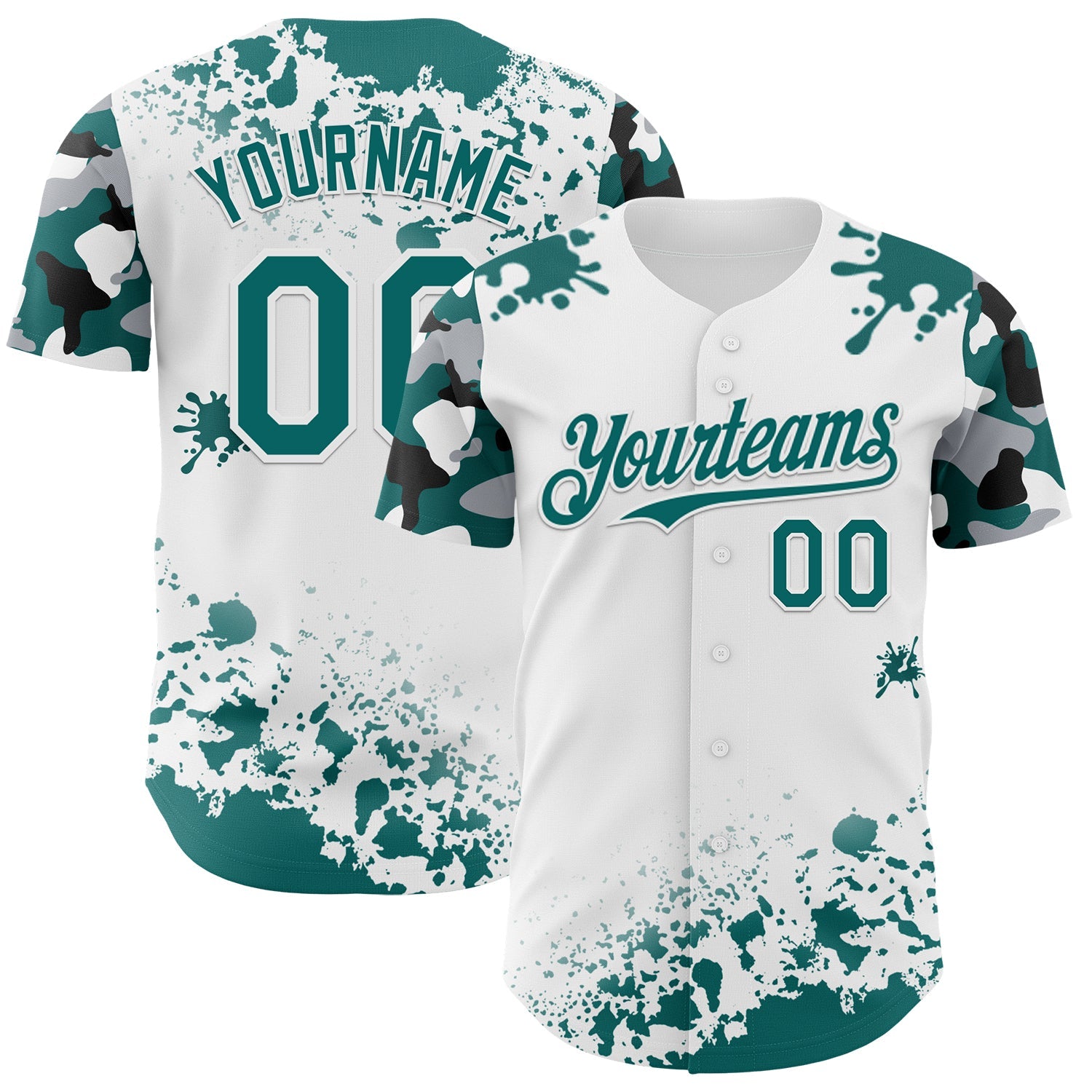Custom White Teal Black-Gray Splatter Camo Two Tone Authentic Baseball Jersey - Main View