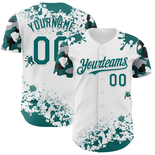 Custom White Teal Black-Gray Splatter Camo Two Tone Authentic Baseball Jersey - Main View