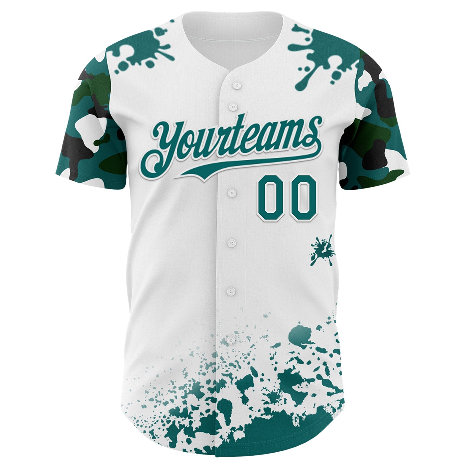 Custom White Teal-Black Splatter Camo Two Tone Authentic Baseball Jersey view 2