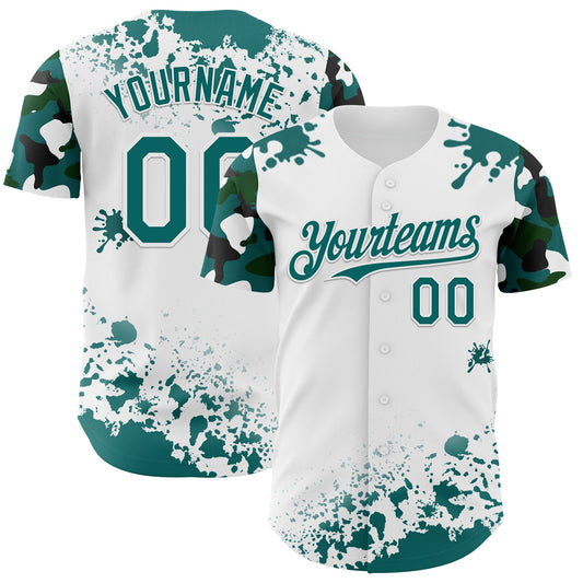 Custom White Teal-Black Splatter Camo Two Tone Authentic Baseball Jersey - Main View