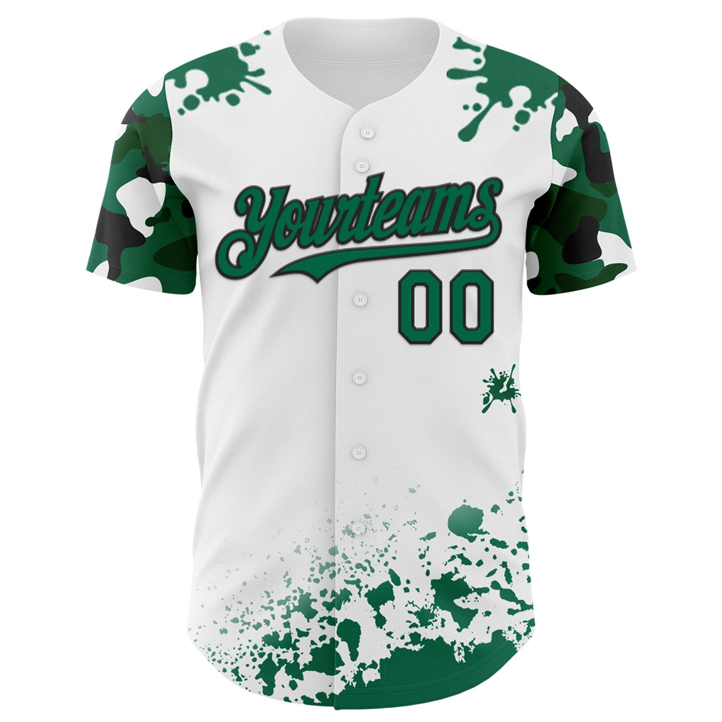 Custom White Kelly Green-Black Splatter Camo Two Tone Authentic Baseball Jersey view 2