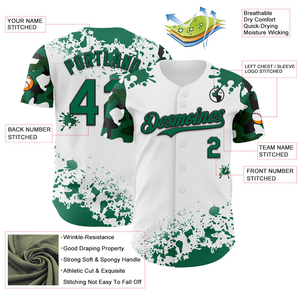 Custom White Kelly Green-Black Splatter Camo Two Tone Authentic Baseball Jersey view 3