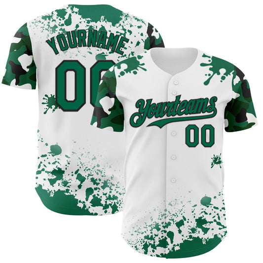 Custom White Kelly Green-Black Splatter Camo Two Tone Authentic Baseball Jersey - Main View