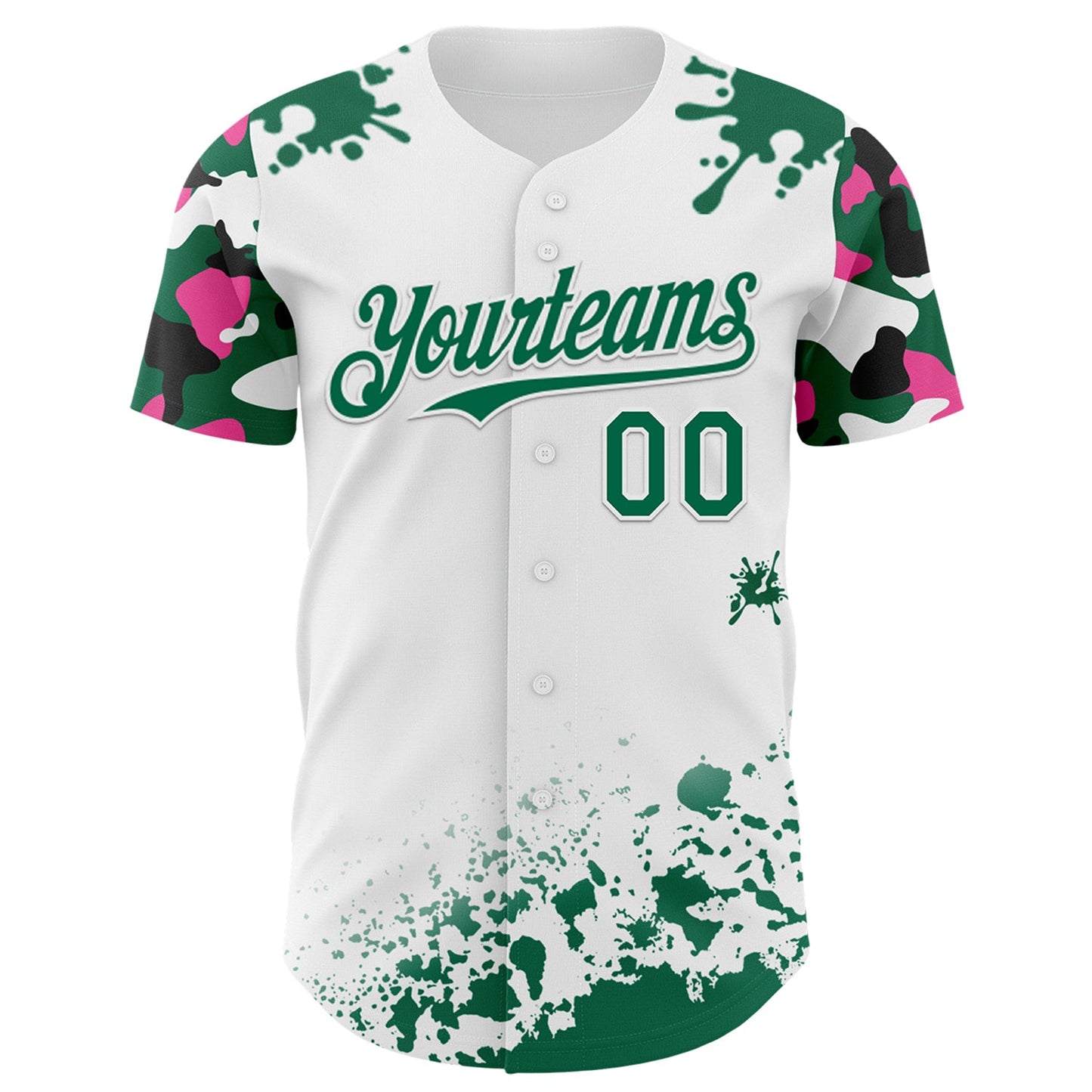 Custom White Kelly Green Pink-Black Splatter Camo Two Tone Authentic Baseball Jersey view 2