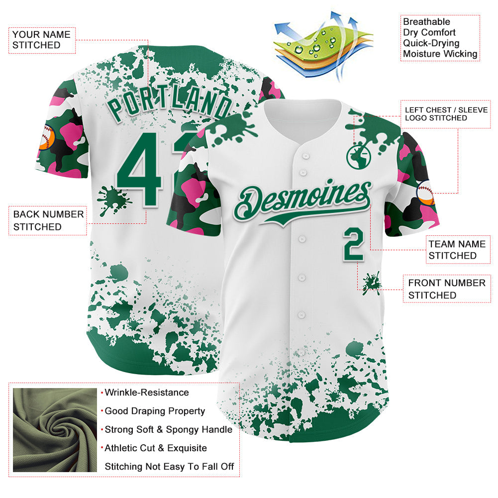 Custom White Kelly Green Pink-Black Splatter Camo Two Tone Authentic Baseball Jersey view 3