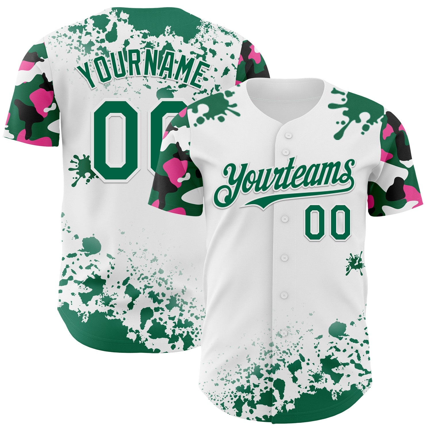 Custom White Kelly Green Pink-Black Splatter Camo Two Tone Authentic Baseball Jersey - Main View
