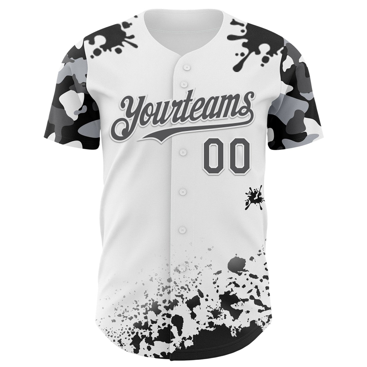 Custom White Steel Gray-Black Splatter Camo Two Tone Authentic Baseball Jersey view 2