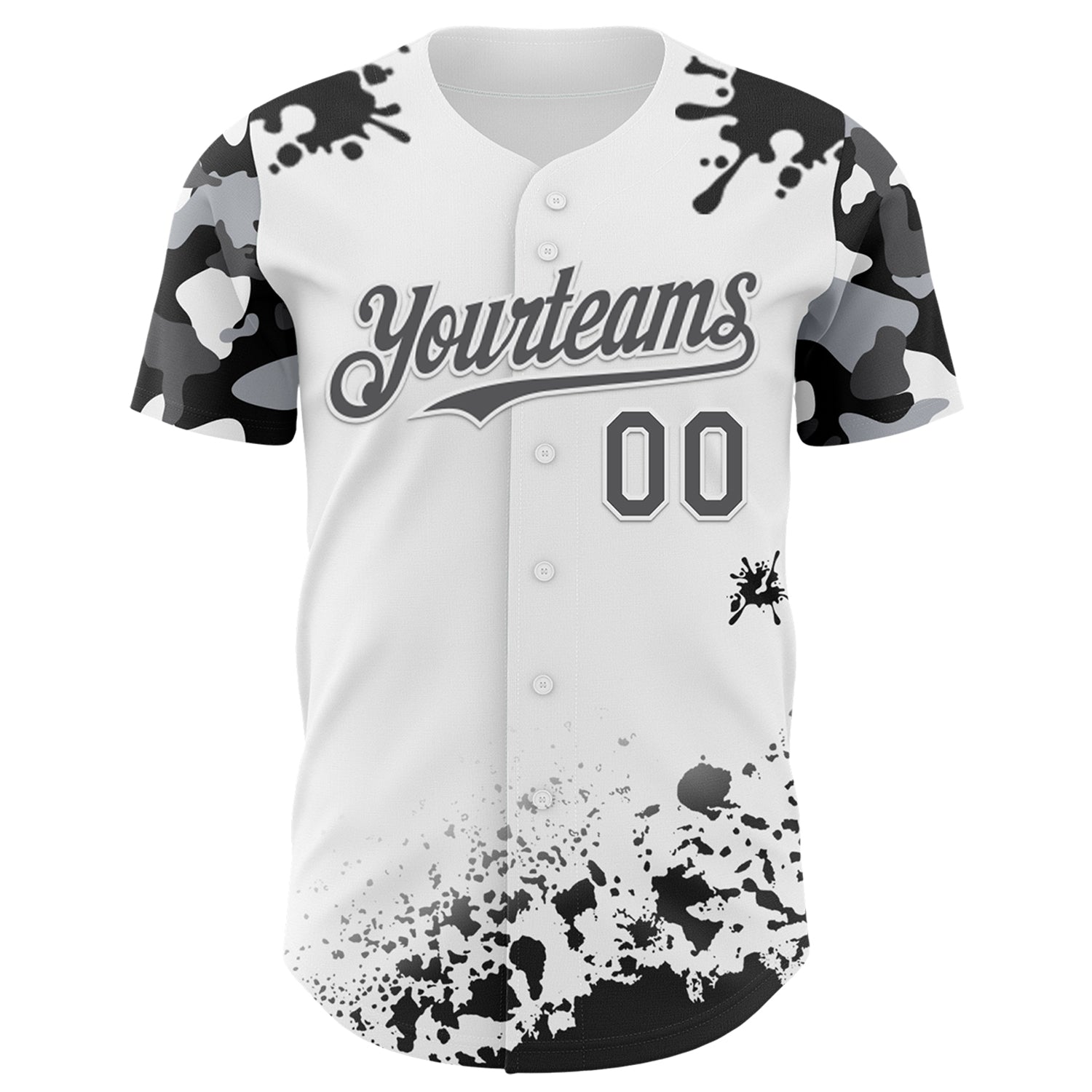 Custom White Steel Gray-Black Splatter Camo Two Tone Authentic Baseball Jersey view 2