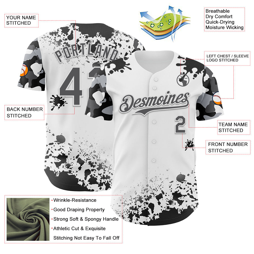 Custom White Steel Gray-Black Splatter Camo Two Tone Authentic Baseball Jersey view 3