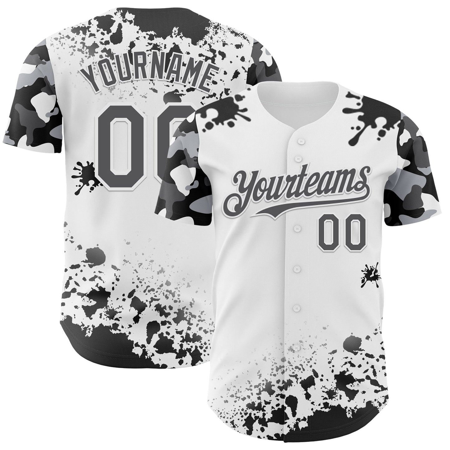 Custom White Steel Gray-Black Splatter Camo Two Tone Authentic Baseball Jersey - Main View