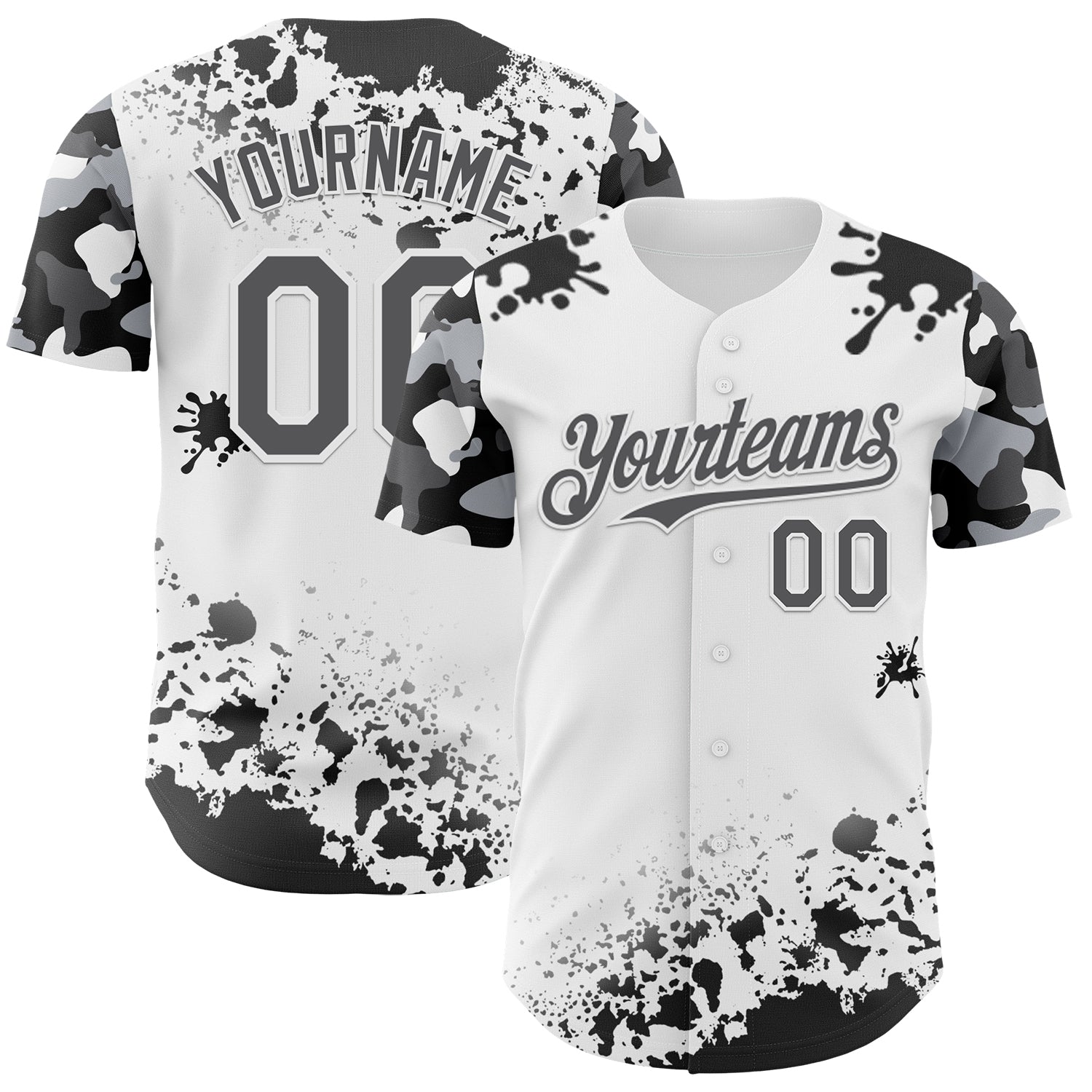 Custom White Steel Gray-Black Splatter Camo Two Tone Authentic Baseball Jersey - Main View