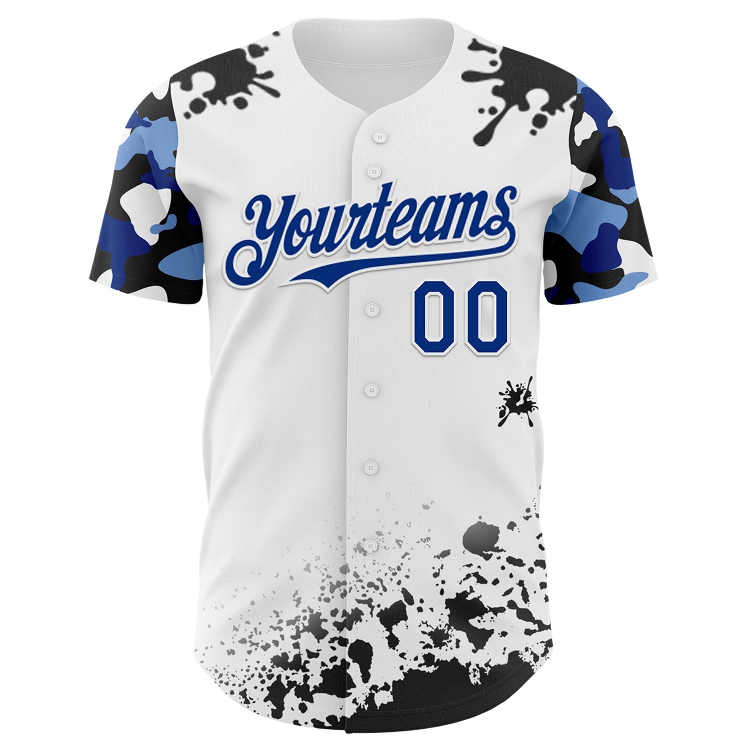 Custom White Royal-Black Splatter Camo Two Tone Authentic Baseball Jersey view 2