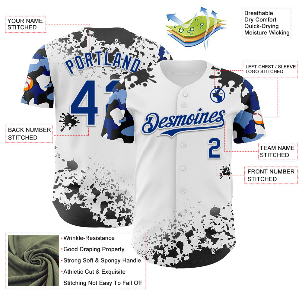 Custom White Royal-Black Splatter Camo Two Tone Authentic Baseball Jersey view 3