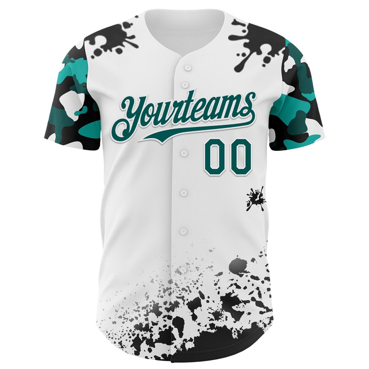 Custom White Midnight Green-Black Splatter Camo Two Tone Authentic Baseball Jersey view 2