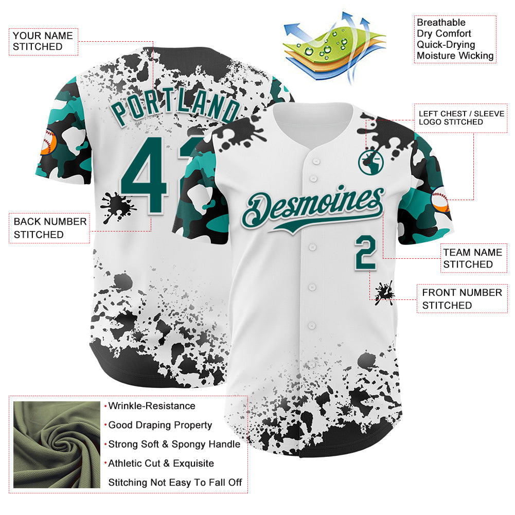 Custom White Midnight Green-Black Splatter Camo Two Tone Authentic Baseball Jersey view 3