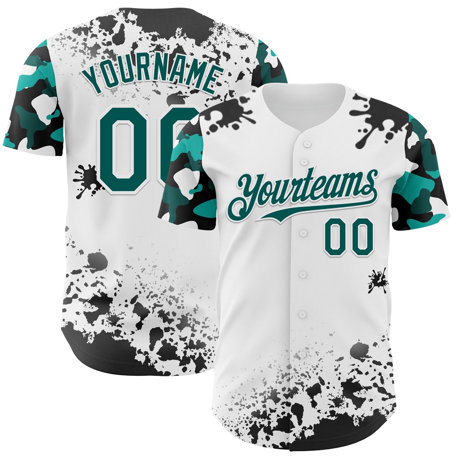 Custom White Midnight Green-Black Splatter Camo Two Tone Authentic Baseball Jersey - Main View