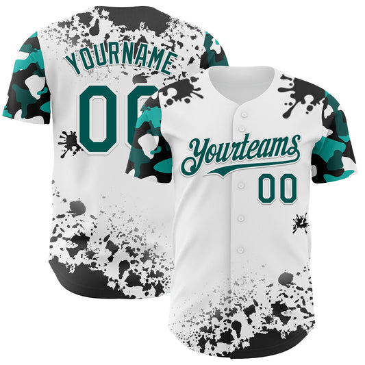 Custom White Midnight Green-Black Splatter Camo Two Tone Authentic Baseball Jersey - Main View