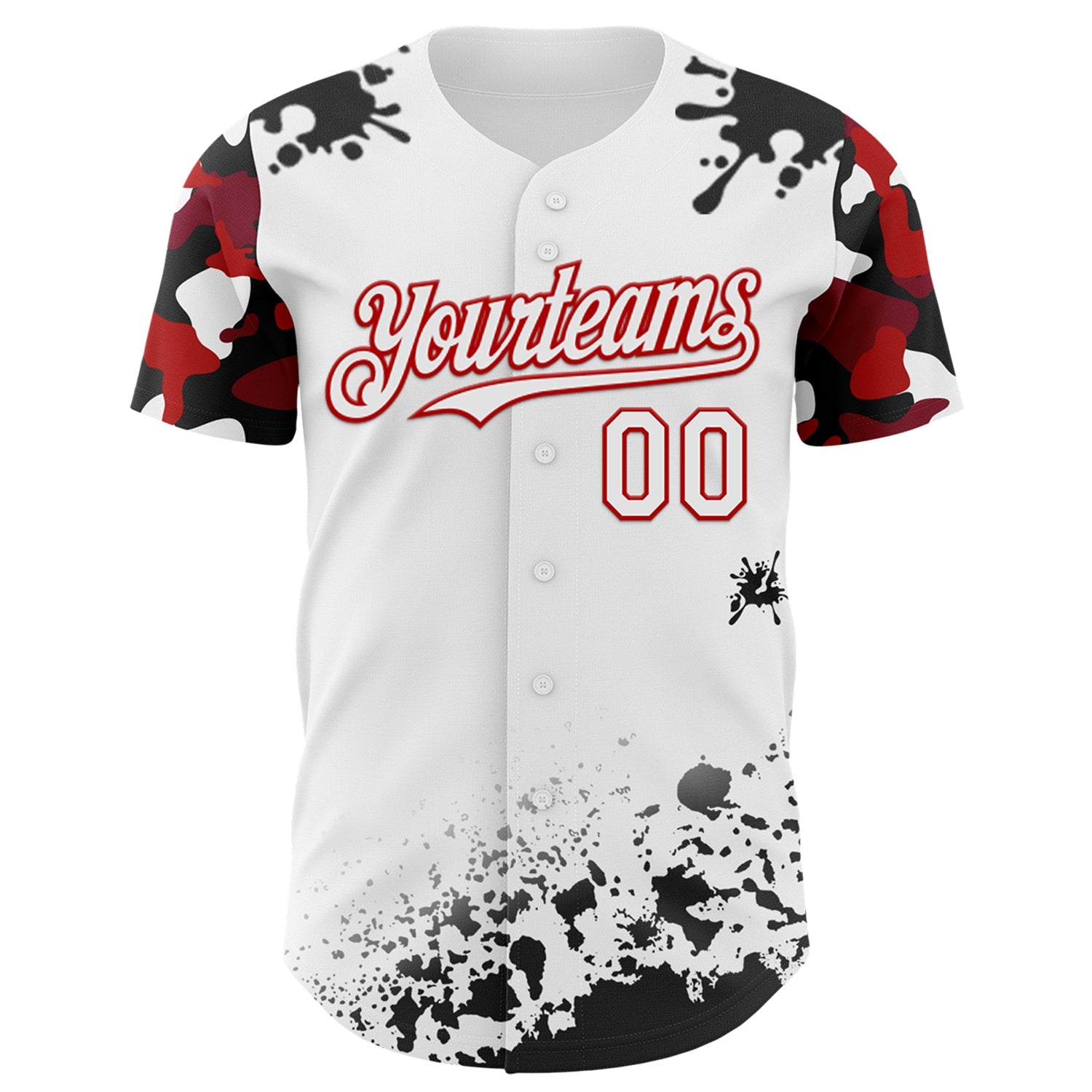 Custom White Red-Black Splatter Camo Two Tone Authentic Baseball Jersey view 2
